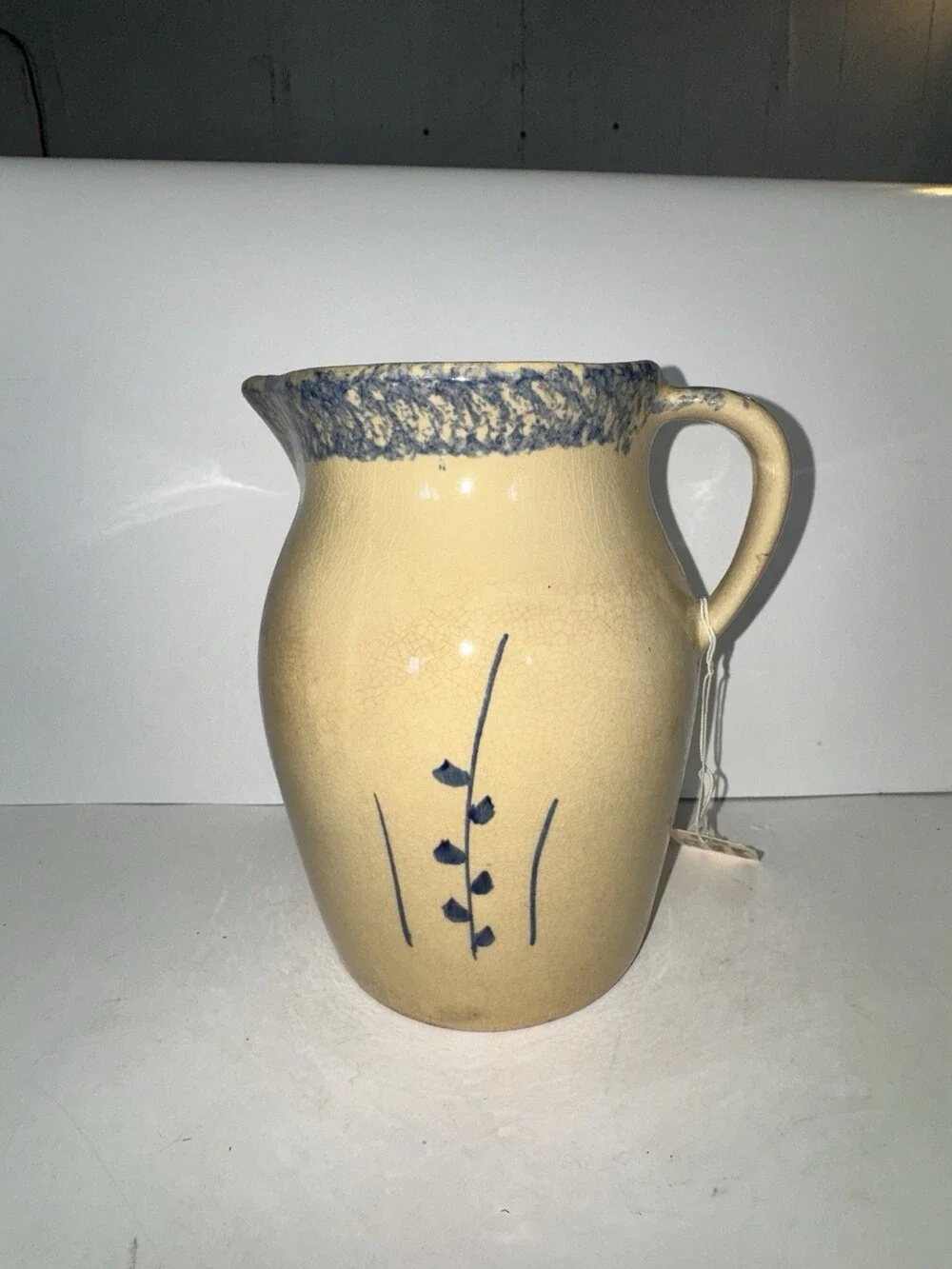 Roseville Pottery Blue Spongeware Stoneware Pitcher 8” Rustic Farmhouse